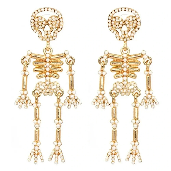 Spooky Skull Faux Pearl Earrings Fall Winter Fashion Jewelry Halloween New Year - Picture 2 of 3